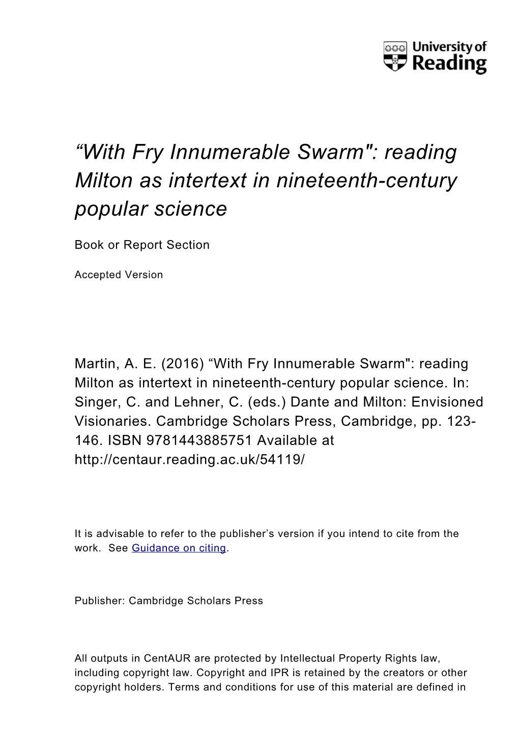 With Fry Innumerable Swarm": Reading Milton As Intertext in Nineteenth-Century Popular Science