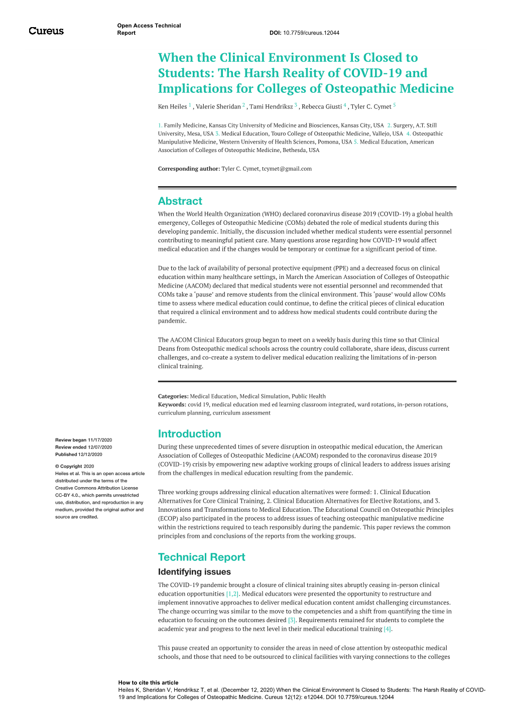 When the Clinical Environment Is Closed to Students: the Harsh Reality of COVID-19 and Implications for Colleges of Osteopathic Medicine