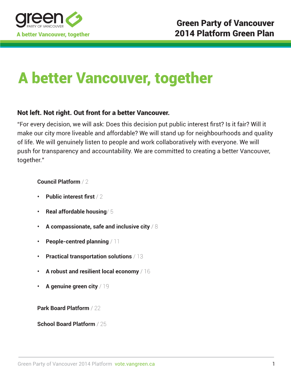 A Better Vancouver, Together 2014 Platform Green Plan