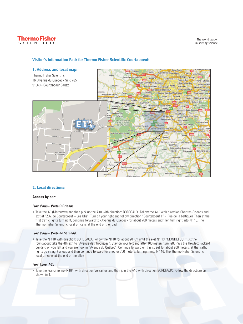 Visitor's Information Pack for Thermo Fisher Scientific Courtaboeuf