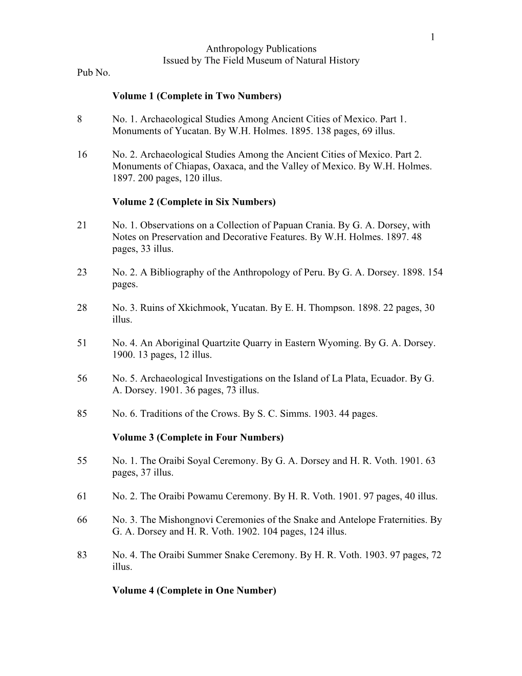 1 Anthropology Publications Issued by the Field Museum of Natural History Pub No. Volume 1 (Complete in Two Numbers) 8 No. 1. Ar