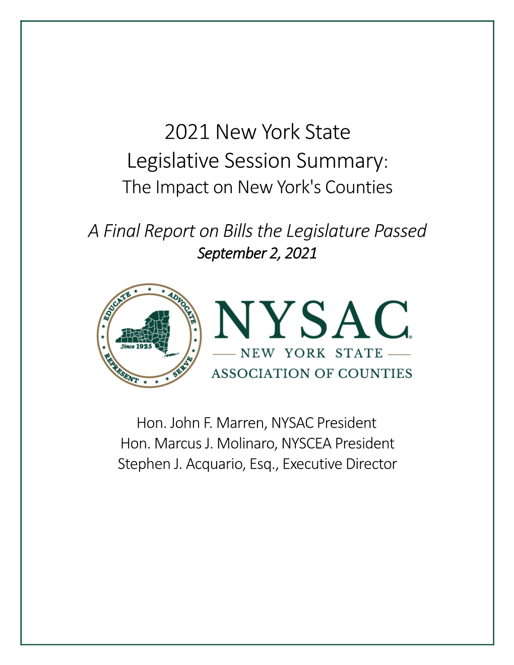 2021 New York State Legislative Session Summary: the Impact on New York's Counties