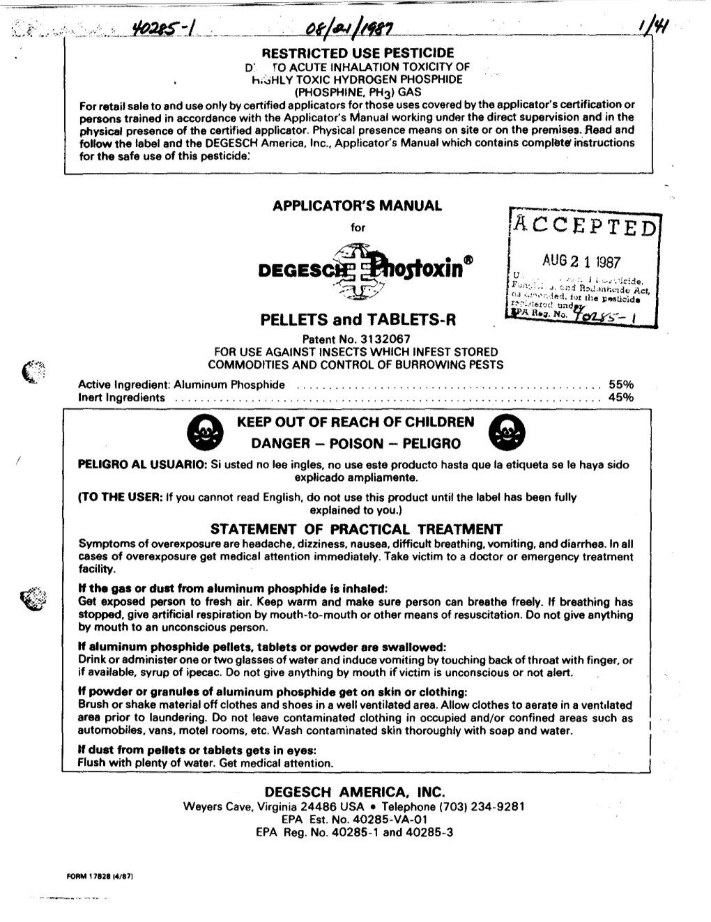 U.S. EPA, Pesticide Product Label, , 08/21/1987