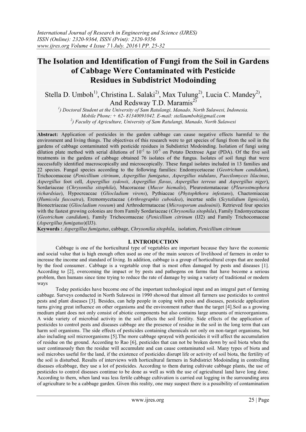 The Isolation and Identification of Fungi from the Soil in Gardens of Cabbage Were Contaminated with Pesticide Residues in Subdistrict Modoinding