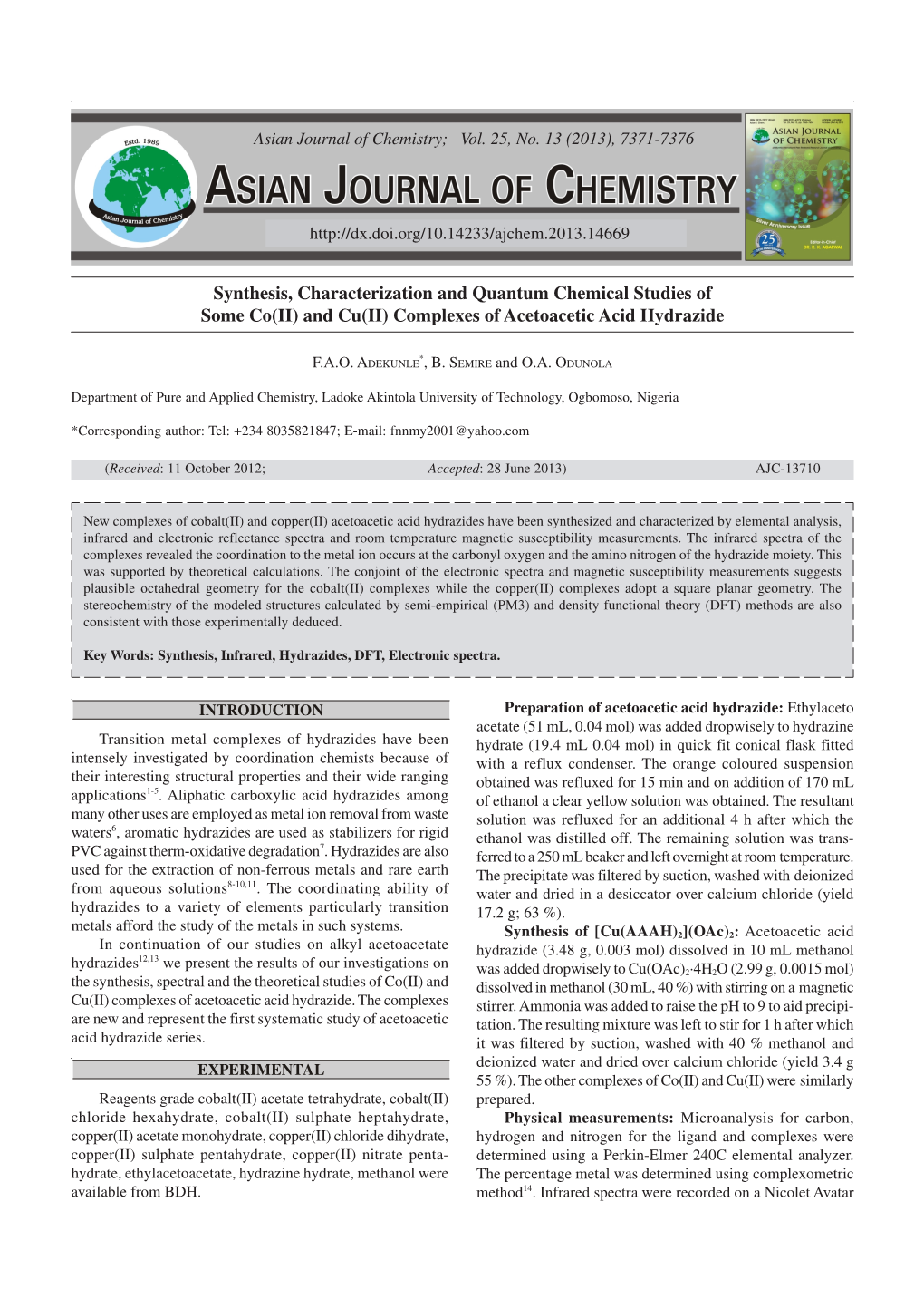 And Cu(II) Complexes of Acetoacetic Acid Hydrazide