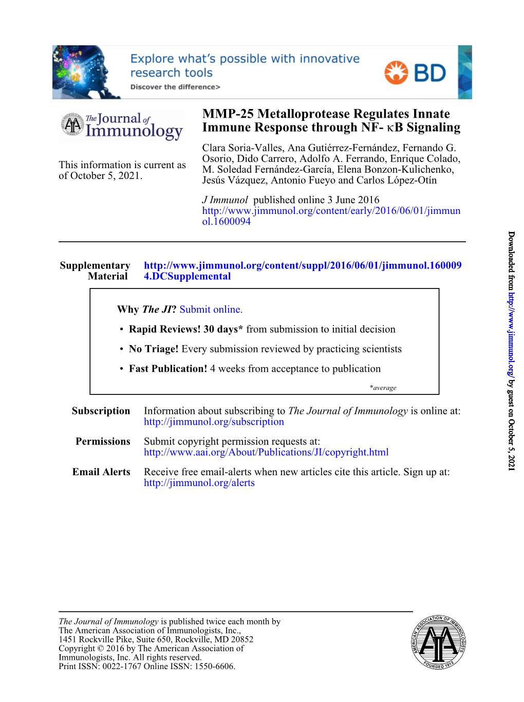 MMP-25 Metalloprotease Regulates Innate Immune Response Through NF- Κb Signaling Clara Soria-Valles, Ana Gutiérrez-Fernández, Fernando G