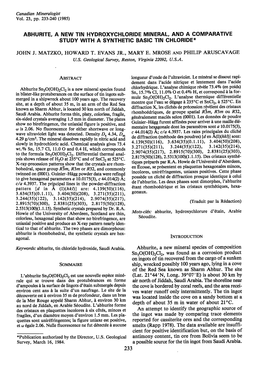 Canadian Min*Alogist Vol.23, Pp. 233-20 (1985) ABHURITE, a NEW TIN HYDROXYCHLORIDE MINERAL, and a COMPARATIVE STUDY with a SYNTH