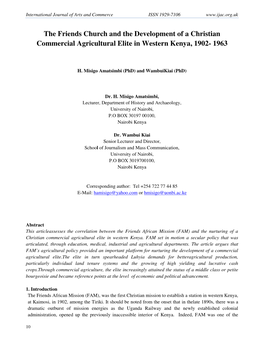 The Friends Church and the Development of a Christian Commercial Agricultural Elite in Western Kenya, 1902- 1963