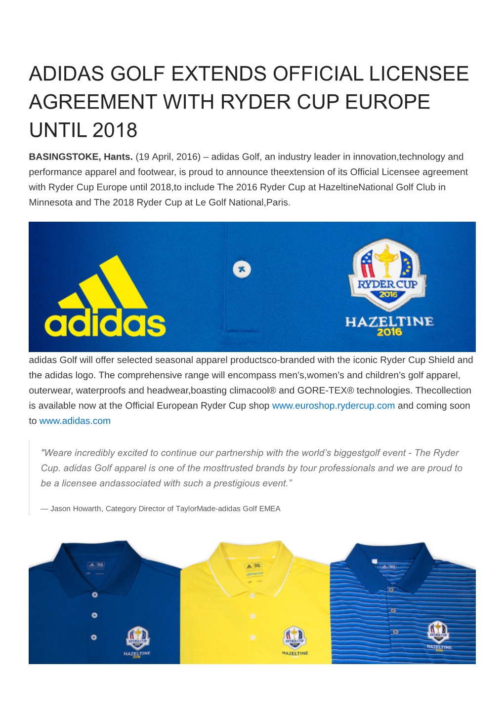 Adidas Golf Extends Official Licensee Agreement with Ryder Cup Europe Until 2018