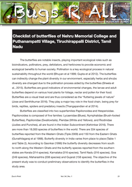 Checklist of Butterflies of Nehru Memorial College and Puthanampatti Village, Tiruchirappalli District, Tamil Nadu