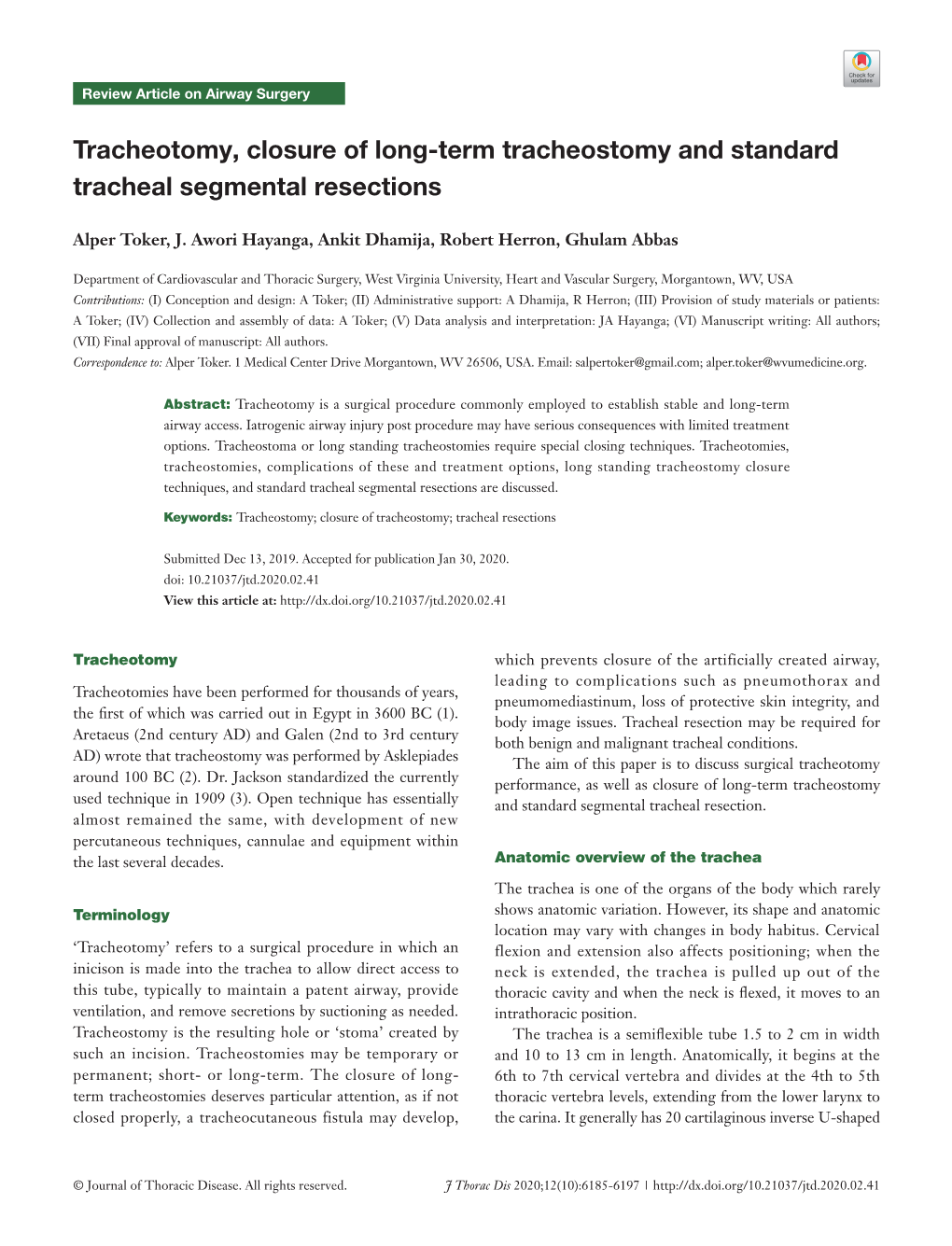 Tracheotomy, Closure of Long-Term Tracheostomy and Standard Tracheal Segmental Resections