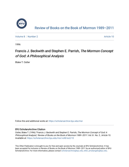 Francis J. Beckwith and Stephen E. Parrish, the Mormon Concept of God: a Philosophical Analysis