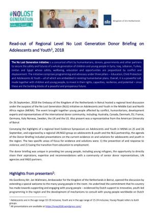 Read-Out of Regional Level No Lost Generation Donor Briefing on Adolescents and Youth1, 2018