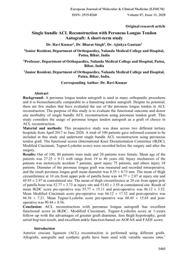 Single Bundle ACL Reconstruction with Peroneus Longus Tendon Autograft: a Short-Term Study Dr