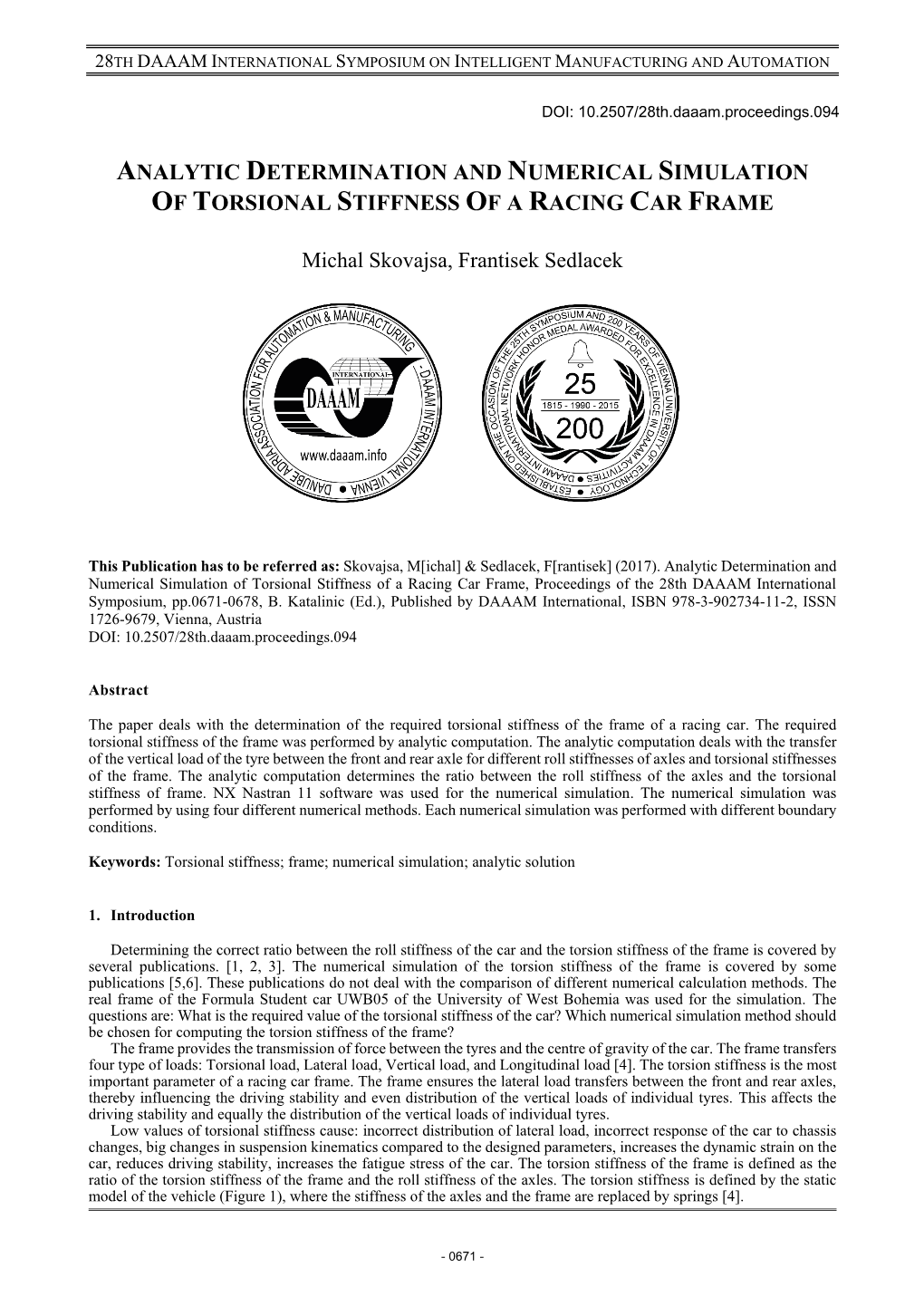 Analytic Determination and Numerical Simulation of Torsional Stiffness of a Racing Car Frame