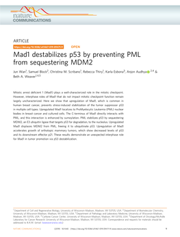 Mad1 Destabilizes P53 by Preventing PML from Sequestering MDM2