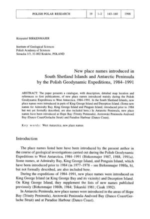 New Place Names Introduced in South Shetland Islands and Antarctic Peninsula by the Polish Geodynamic Expeditions, 1984-1991