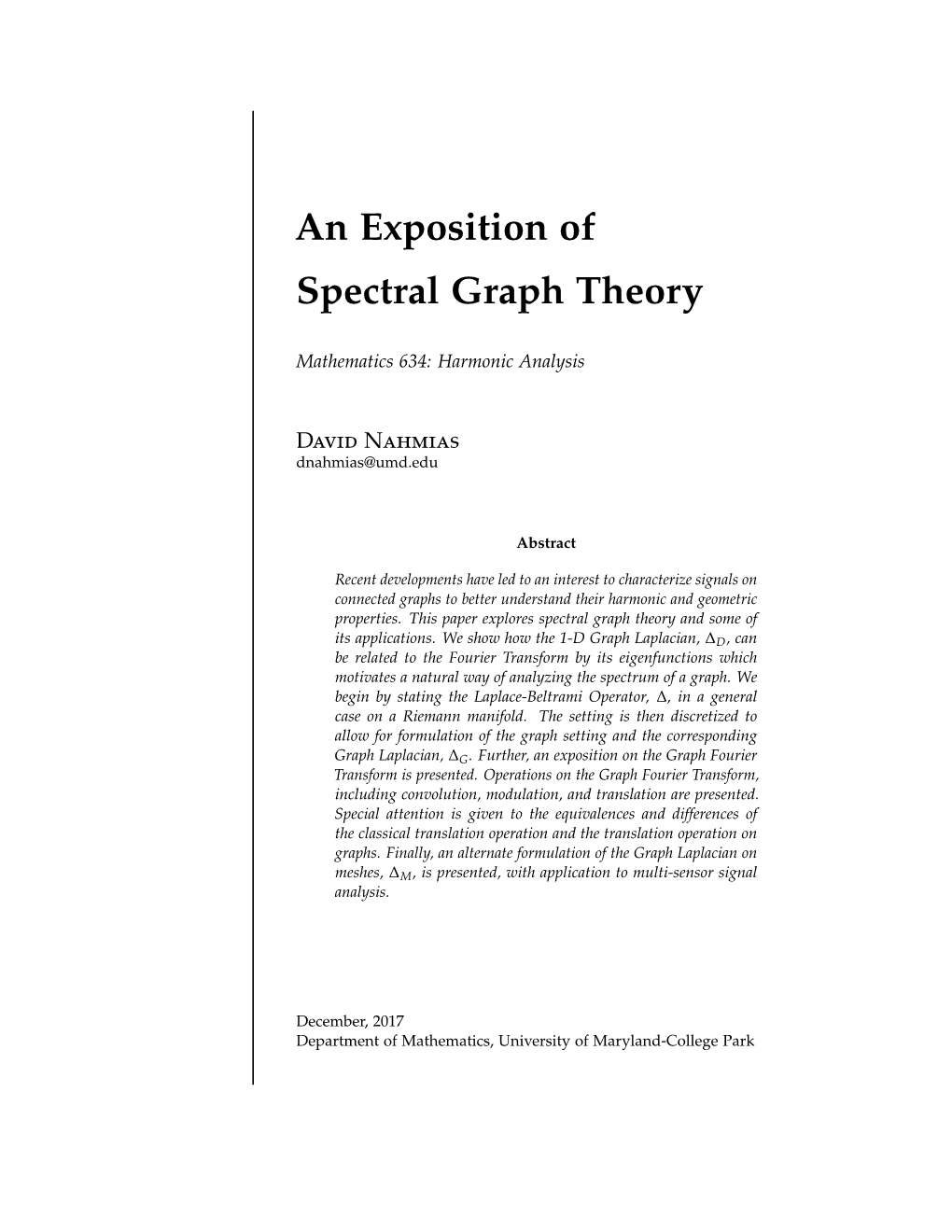 An Exposition of Spectral Graph Theory