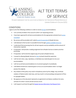 Alt Text Terms of Service Student Agreement for the Use of Any Alternative Text Provided by Reader Services at Lansing Community College (Lcc)