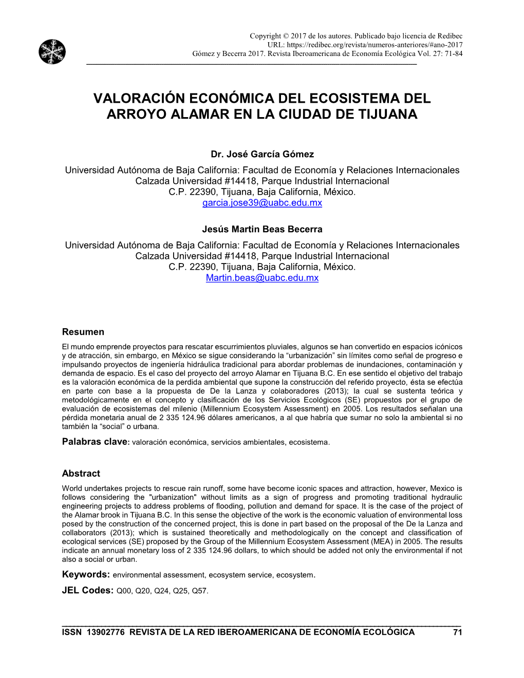 Valoración Económica Del Ecosistema Del Arroyo Alamar En La Ciudad De Tijuana