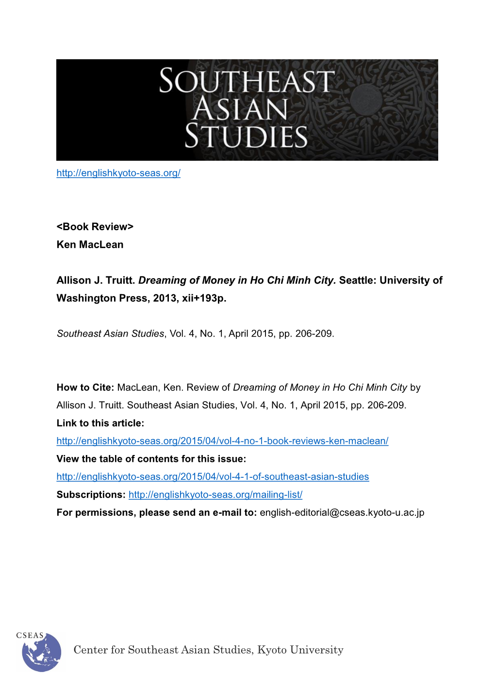 Center for Southeast Asian Studies, Kyoto University 206 Book Reviews