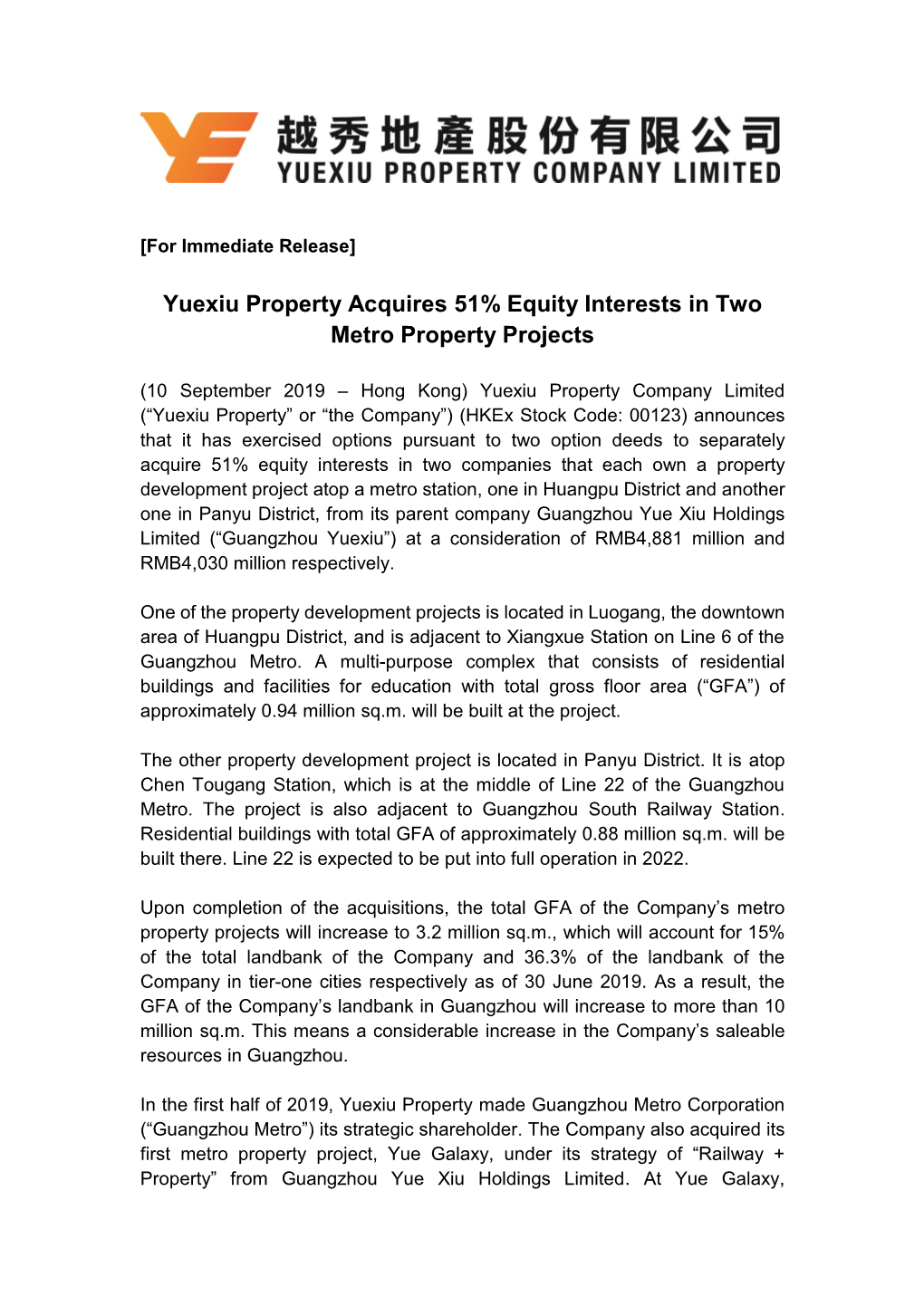 Yuexiu Property Acquires 51% Equity Interests in Two Metro Property Projects