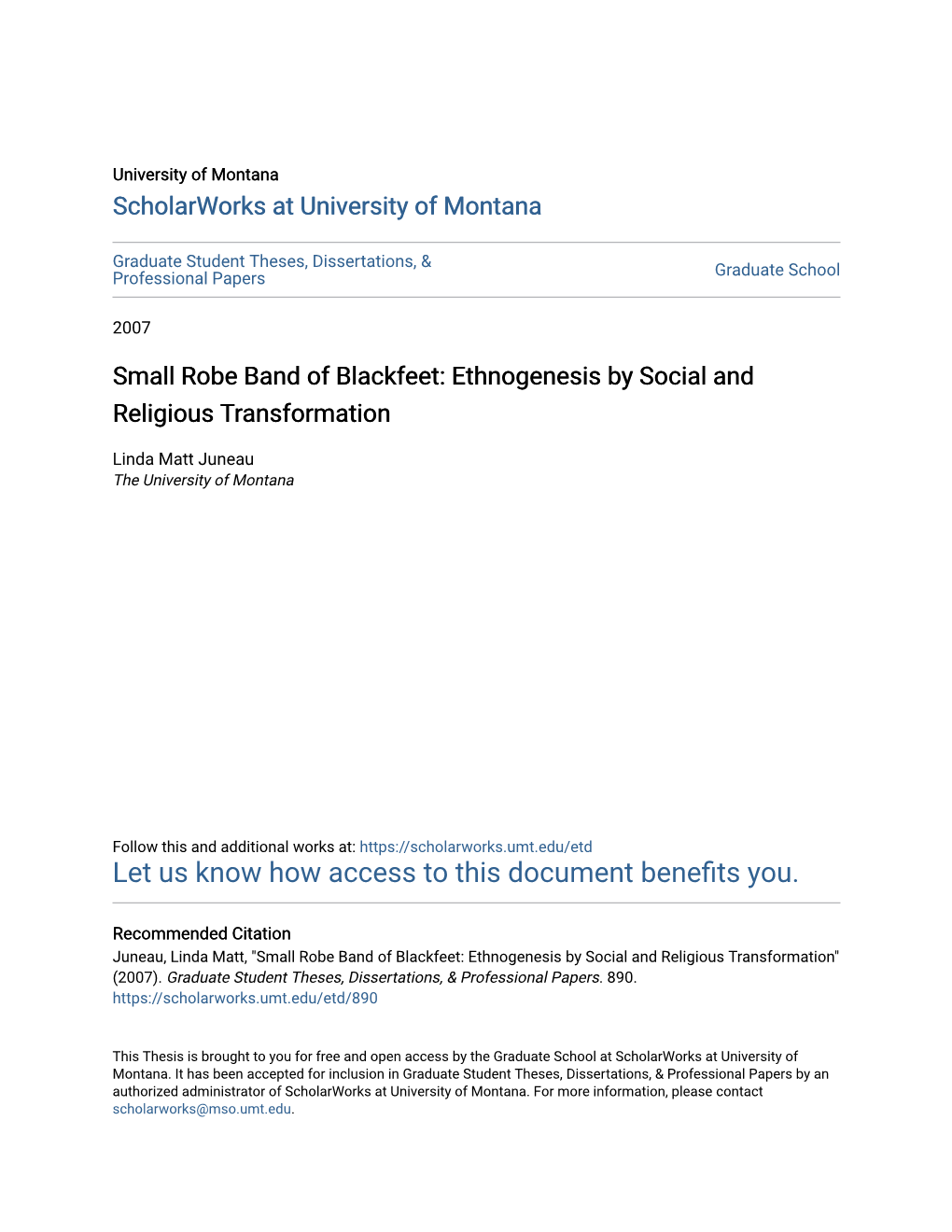 Small Robe Band of Blackfeet: Ethnogenesis by Social and Religious Transformation