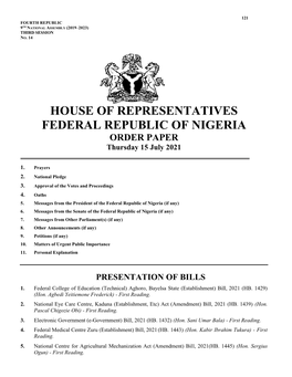 House of Reps Order Paper Thursday 15 July, 2021