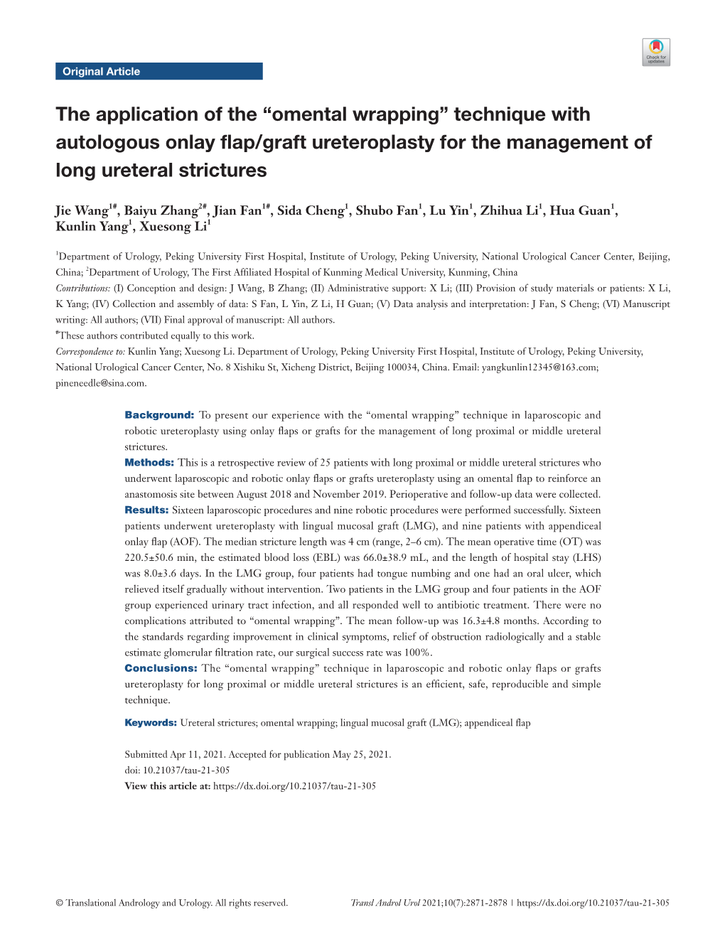 Omental Wrapping” Technique with Autologous Onlay Flap/Graft Ureteroplasty for the Management of Long Ureteral Strictures