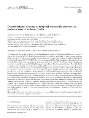 Observational Aspects of Tropical Mesoscale Convective Systems Over Southeast India