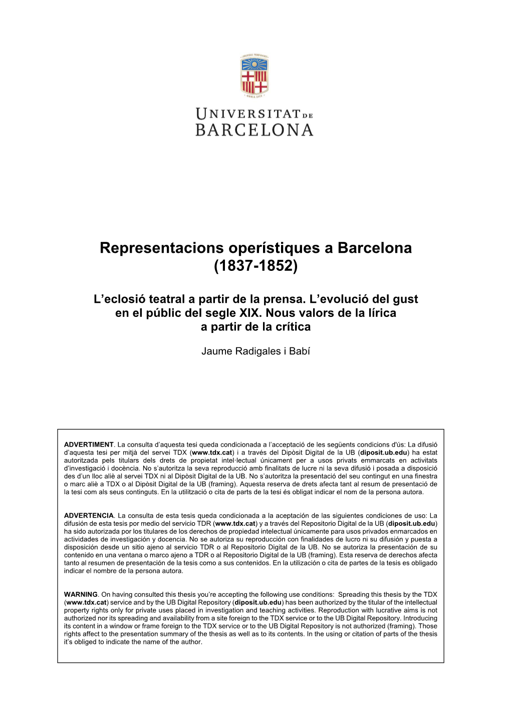 Representacions Operístiques a Barcelona (1837-1852)