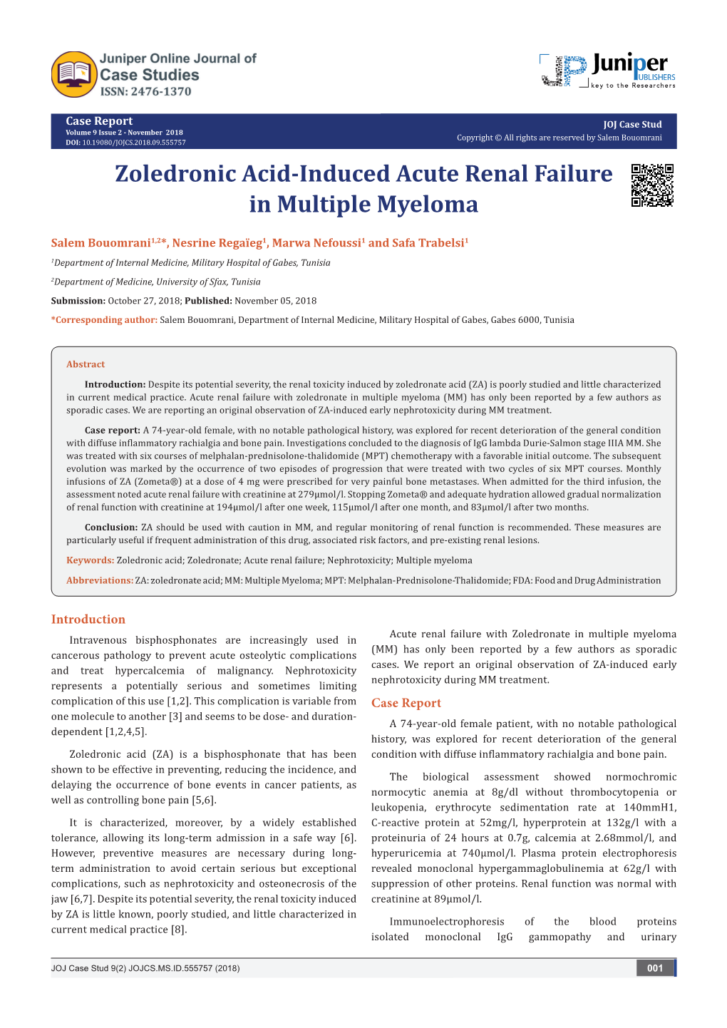 Zoledronic Acid-Induced Acute Renal Failure in Multiple Myeloma