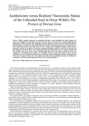 Aestheticism Versus Realism? Narcissistic Mania of the Unheeded Soul in Oscar Wilde's the Picture of Dorian Gray