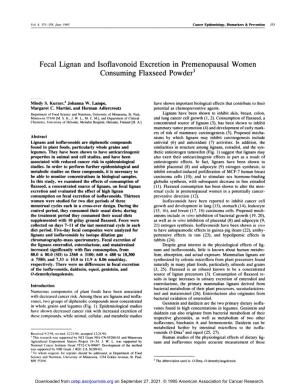 Fecal Lignan and Isoflavonoid Excretion in Premenopausal Women Consuming Flaxseed Powder1