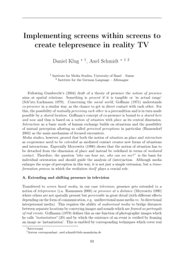 Implementing Screens Within Screens to Create Telepresence in Reality TV