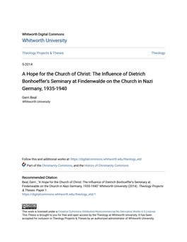 A Hope for the Church of Christ: the Influence of Dietrich Bonhoeffer's Seminary at Findenwalde on the Church in Nazi Germany, 1935-1940