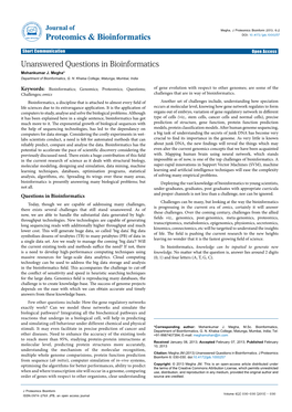 Unanswered Questions in Bioinformatics Mohankumar J