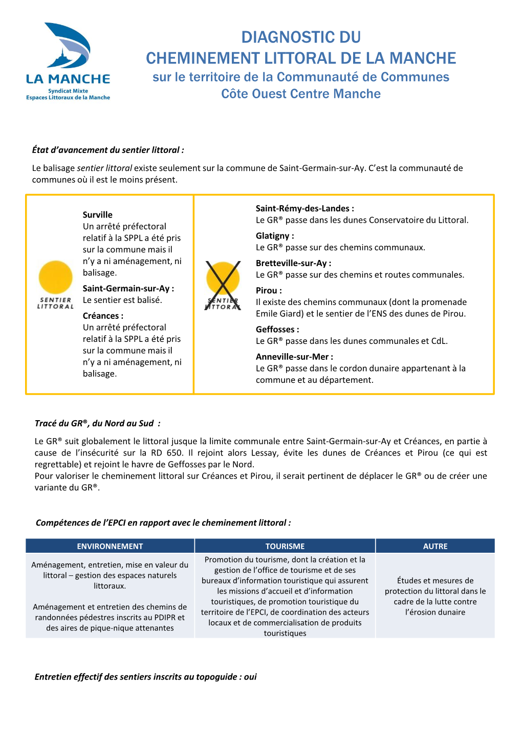 DIAGNOSTIC DU CHEMINEMENT LITTORAL DE LA MANCHE Sur Le Territoire De La Communauté De Communes Côte Ouest Centre Manche