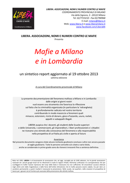 Mafie a Milano E in Lombardia