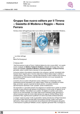 Gruppo Sae Nuovo Editore Per Il Tirreno – Gazzetta Di Modena E Reggio – Nuova Ferrara