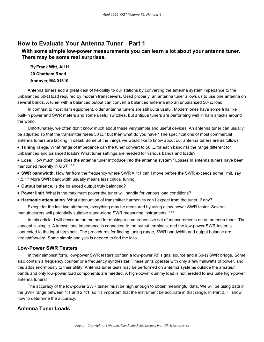 How to Evaluate Your Antenna Tuner Part 1