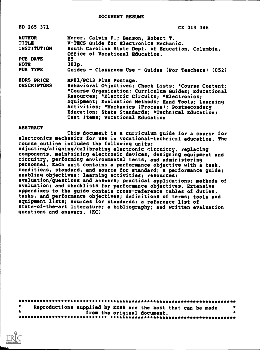 V-TECS Guide for Electronics Mechanic. INSTITUTION South Carolina State Dept