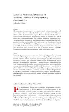 Diffusion, Analysis and Discussion of Electronic Literature in Italy (DADELI) GRUPPO GIADA Independent Scholars