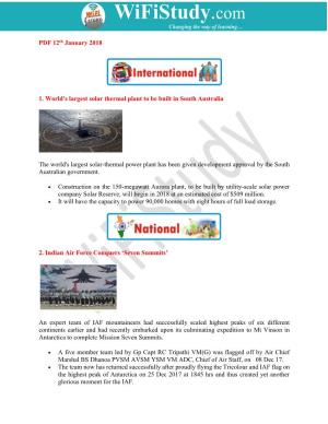 PDF 12Th January 2018 1. World's Largest Solar Thermal Plant to Be