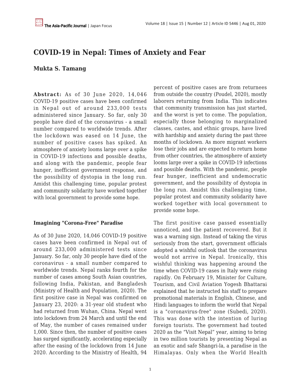 COVID-19 in Nepal: Times of Anxiety and Fear
