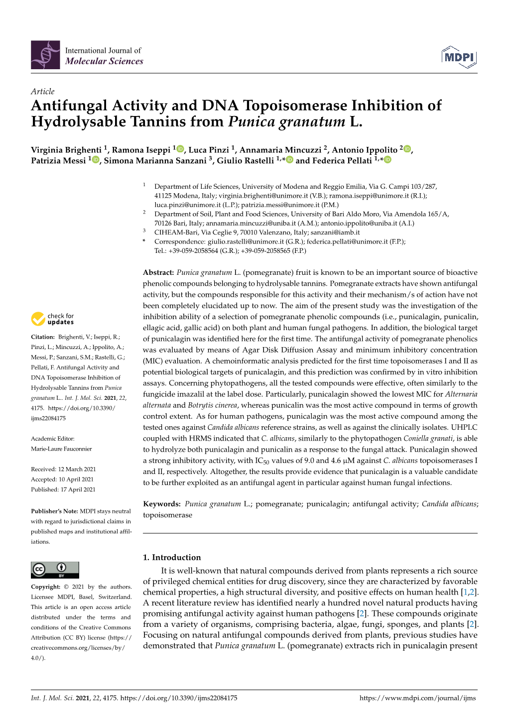 Antifungal Activity and DNA Topoisomerase Inhibition of Hydrolysable Tannins from Punica Granatum L