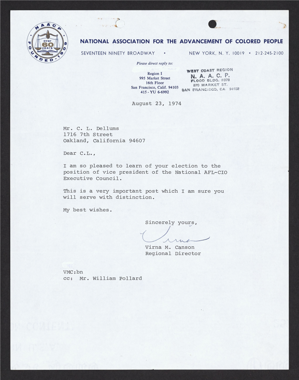 C.L. Dellums' Letters of Congratulations Upon Becoming AFL-CIO Vice