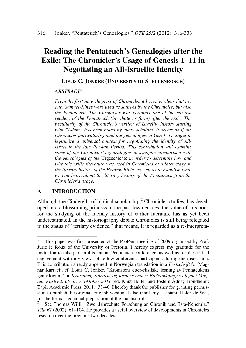 Reading the Pentateuch's Genealogies After the Exile: the Chronicler's Usage of Genesis 1–11 in Negotiating an All-Israeli