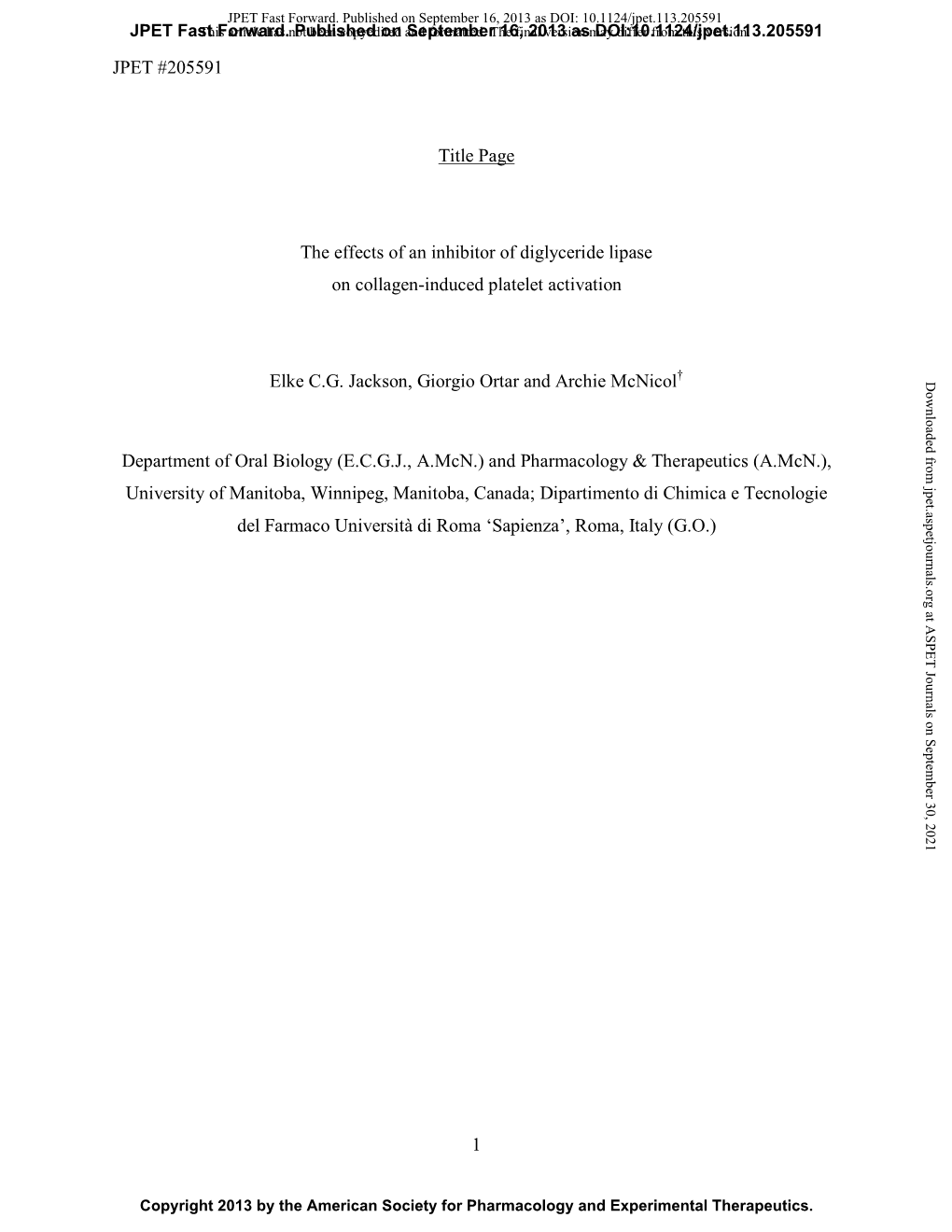 JPET #205591 1 Title Page the Effects of an Inhibitor of Diglyceride