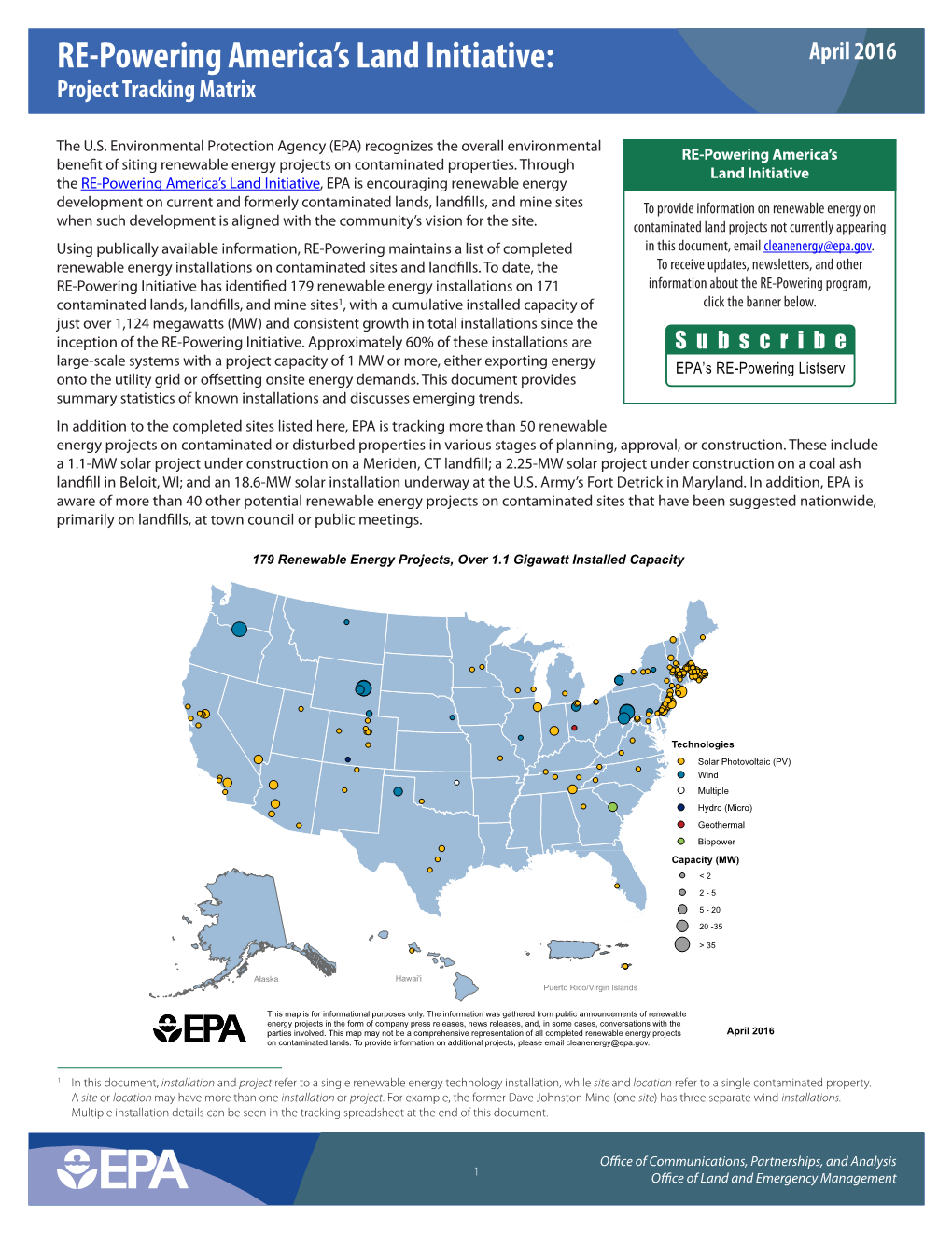 RE-Powering America's Land Initiative: Project Tracking Matrix April 2016